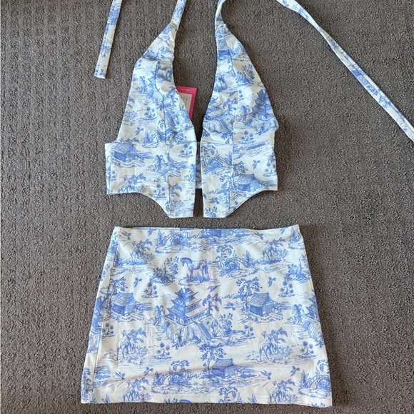 Edikted Blue and White Halter Top and Skirt Set - Picture 1 of 2